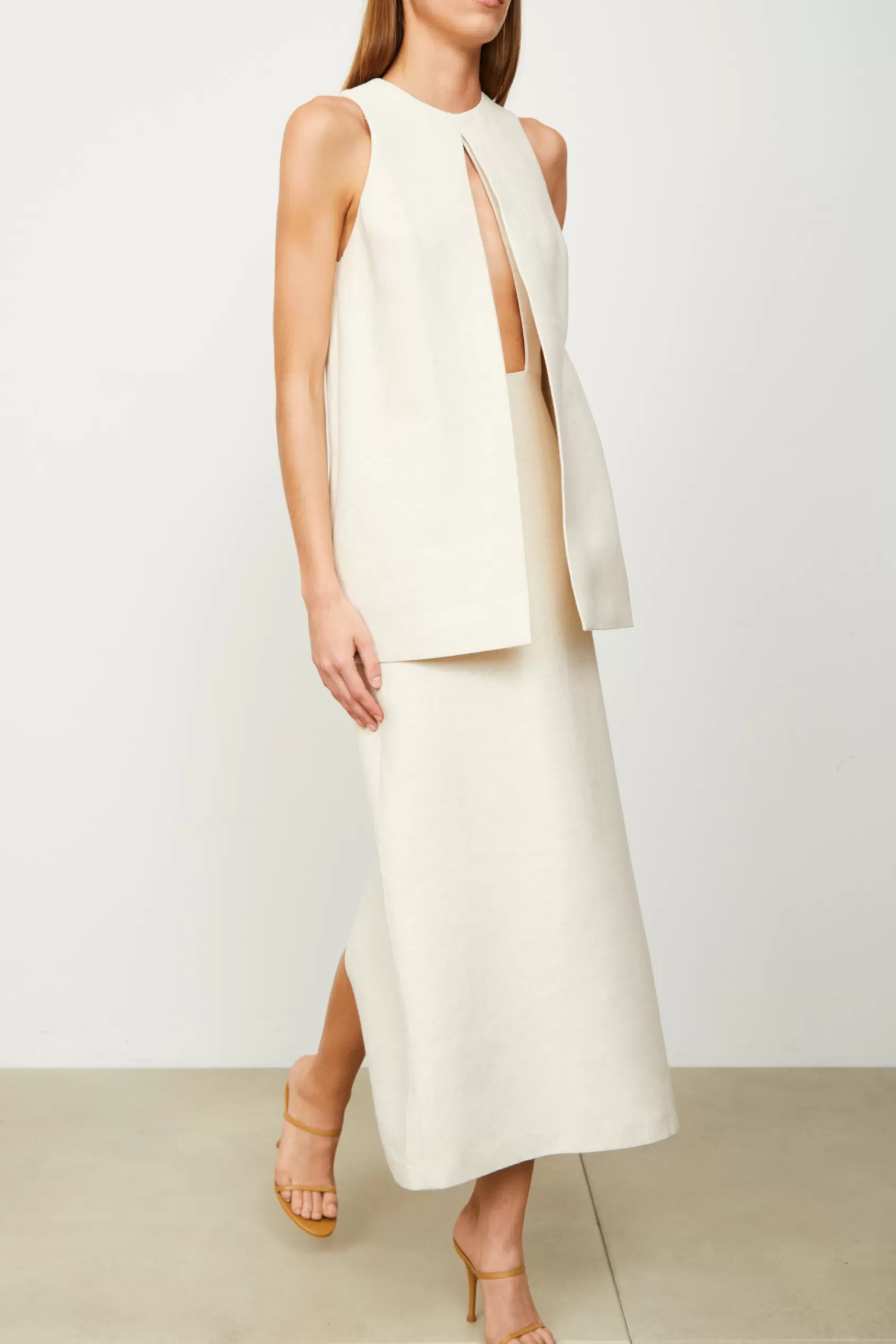 Dresses<Brandon Maxwell The Astrid Split Front Two Tiered Tea Length Dress In Oatmeal