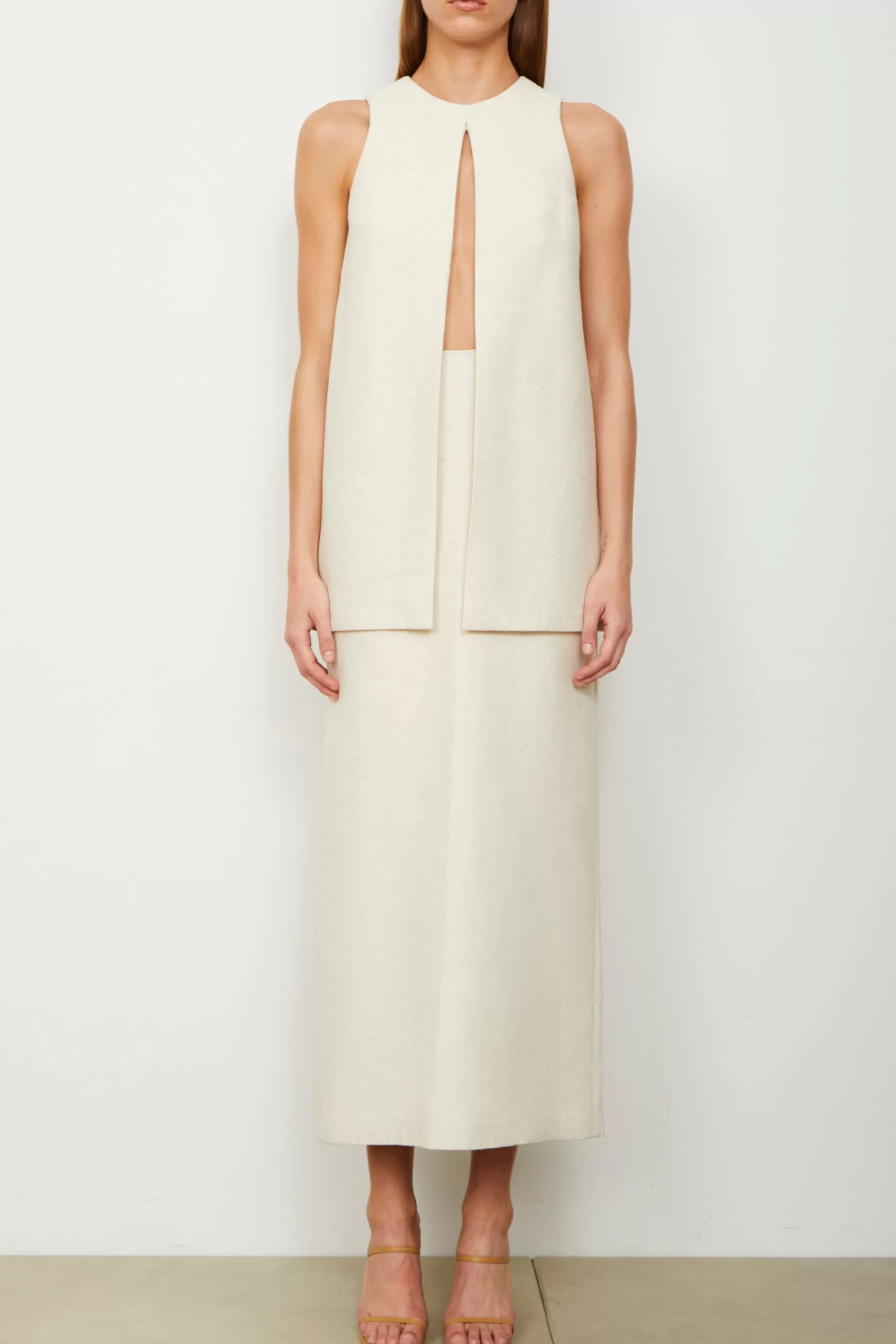 Dresses<Brandon Maxwell The Astrid Split Front Two Tiered Tea Length Dress In Oatmeal
