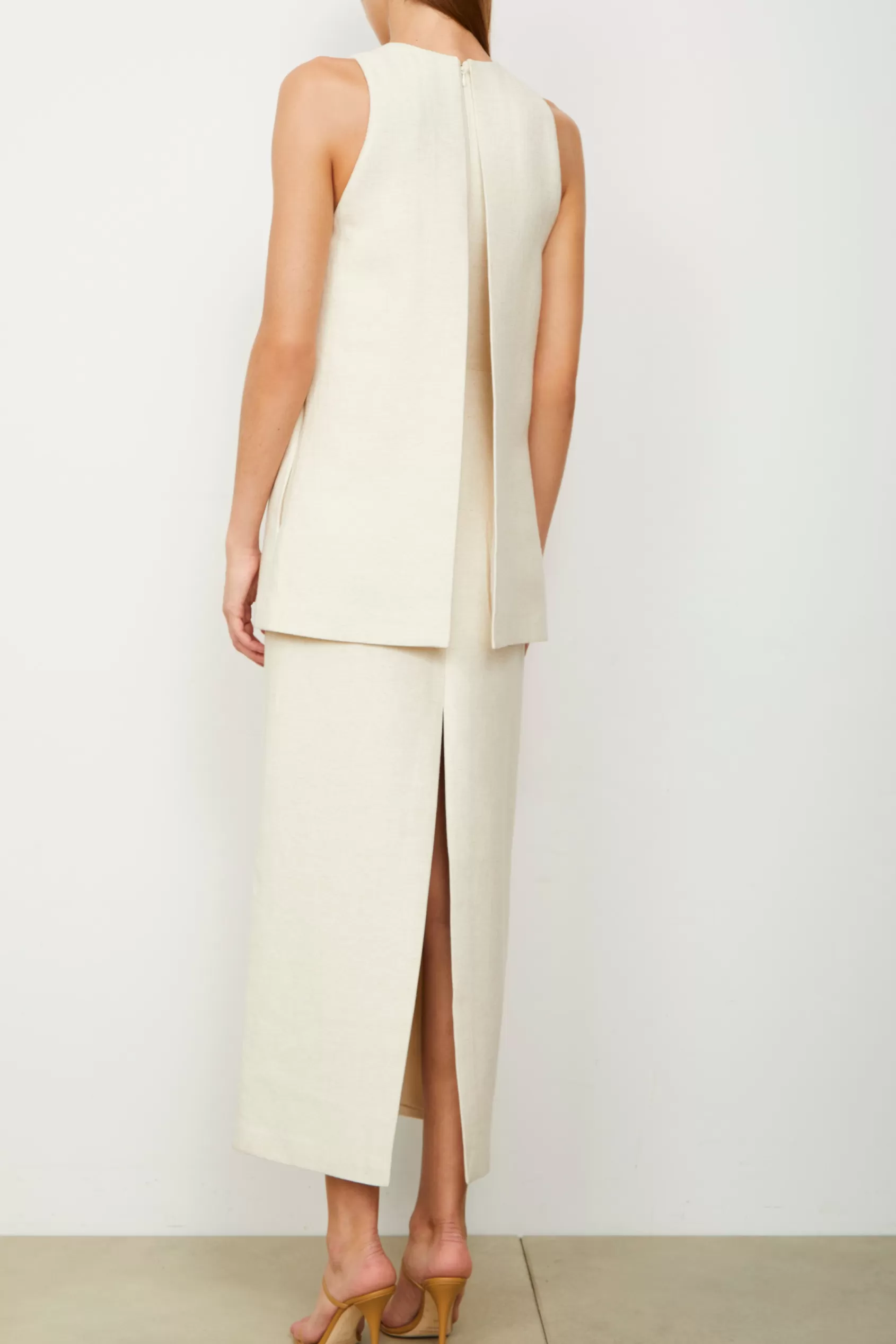 Dresses<Brandon Maxwell The Astrid Split Front Two Tiered Tea Length Dress In Oatmeal