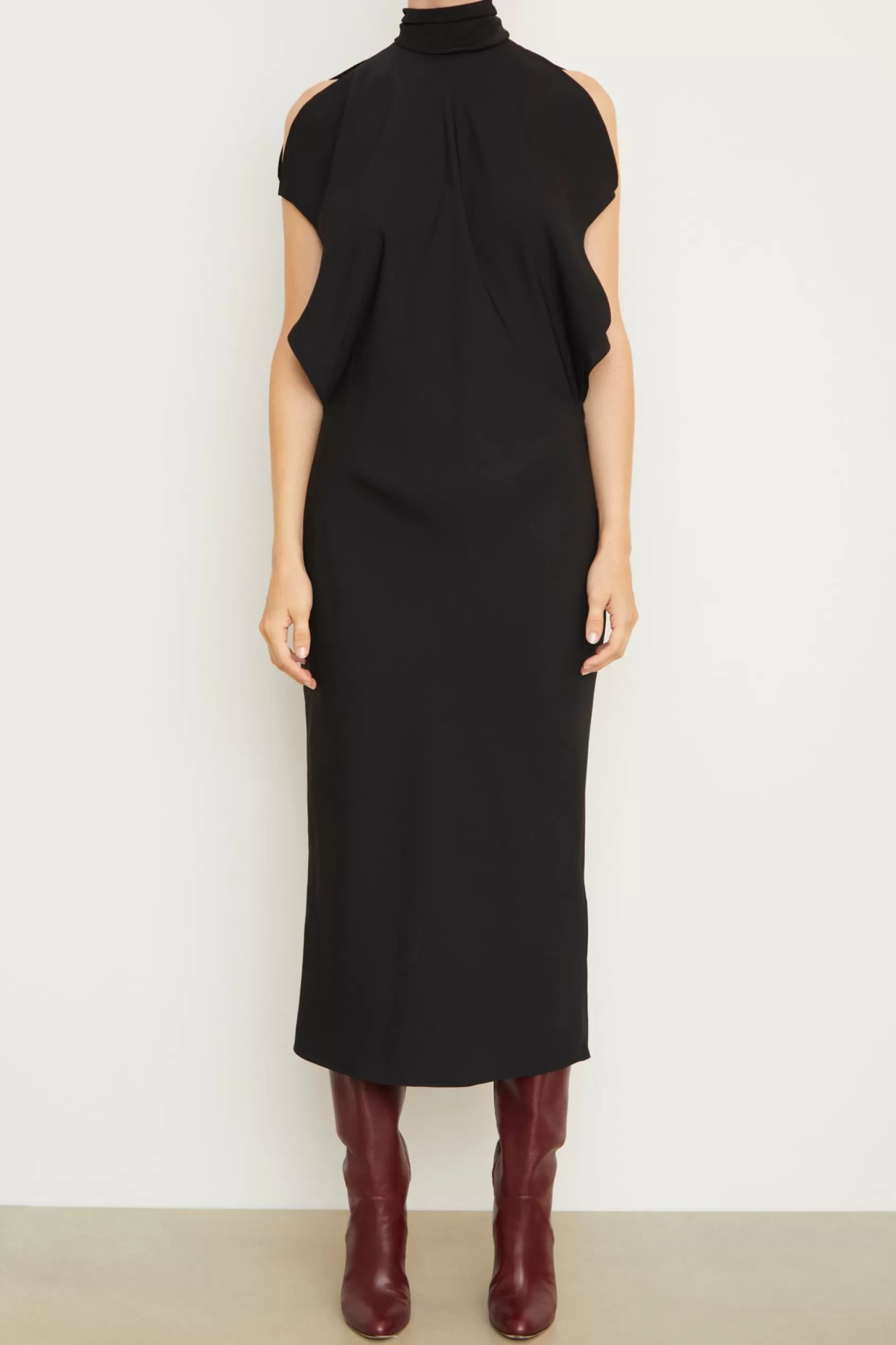 Dresses<Brandon Maxwell The Evie Sleeveless Midi Shift Dress With Neck Scarf In Black