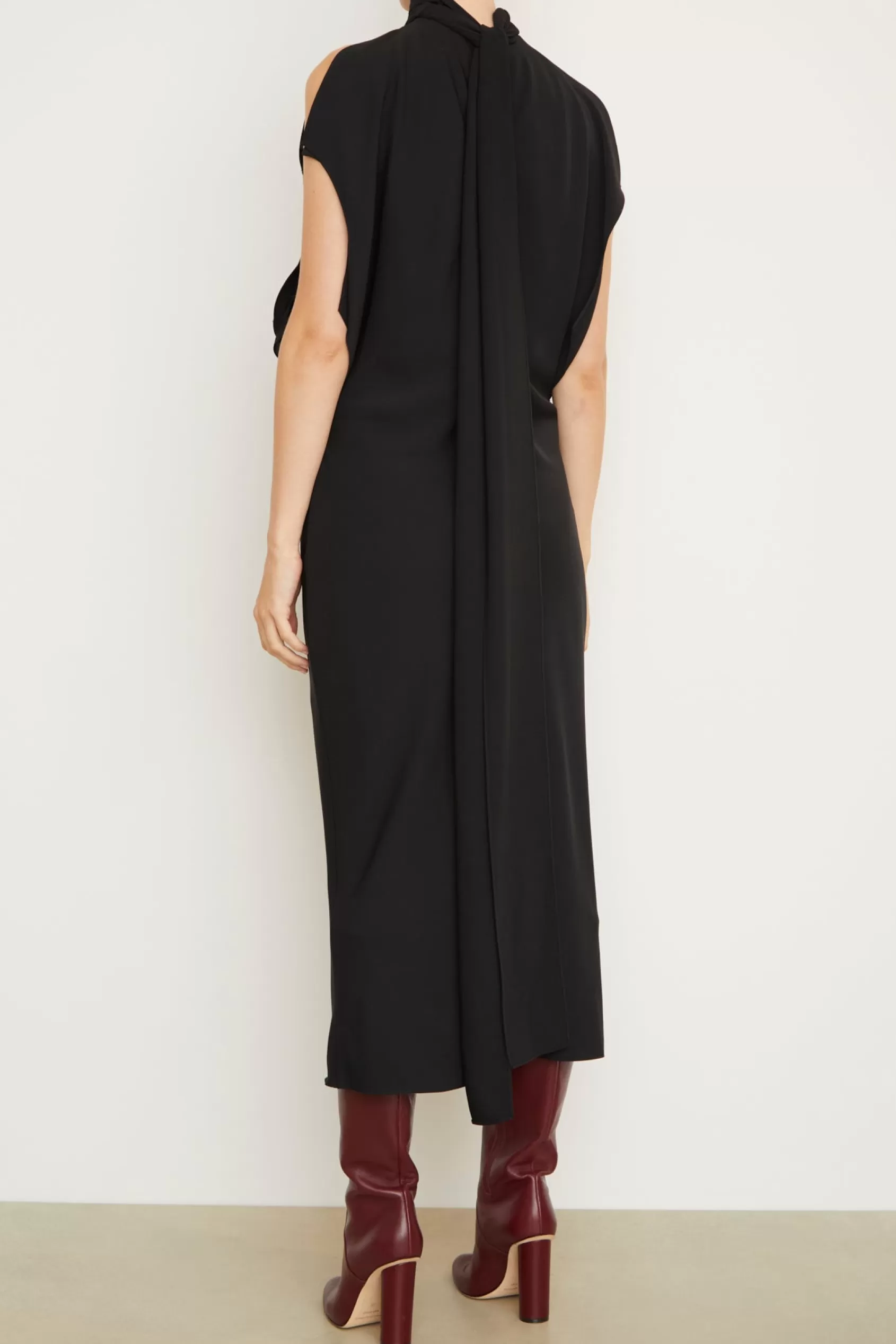 Dresses<Brandon Maxwell The Evie Sleeveless Midi Shift Dress With Neck Scarf In Black