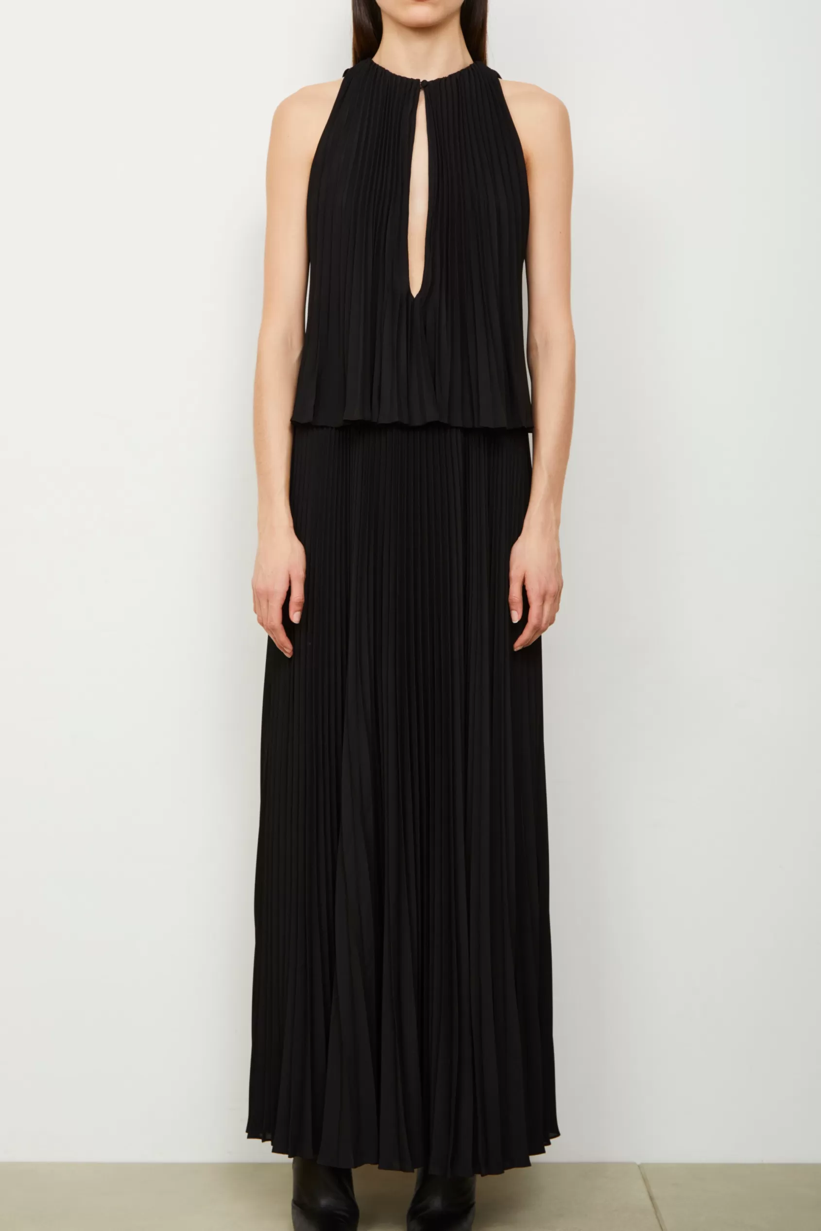 Dresses<Brandon Maxwell The Hallett Pleated Two Tiered Tea Length Dress In Black