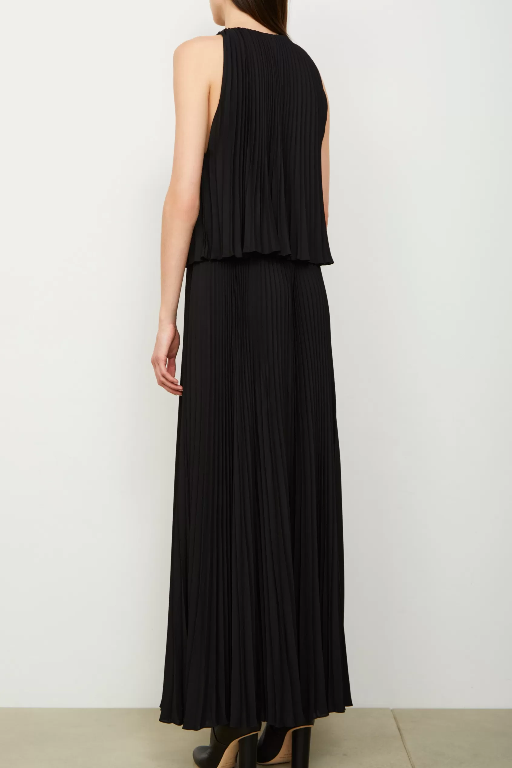 Dresses<Brandon Maxwell The Hallett Pleated Two Tiered Tea Length Dress In Black
