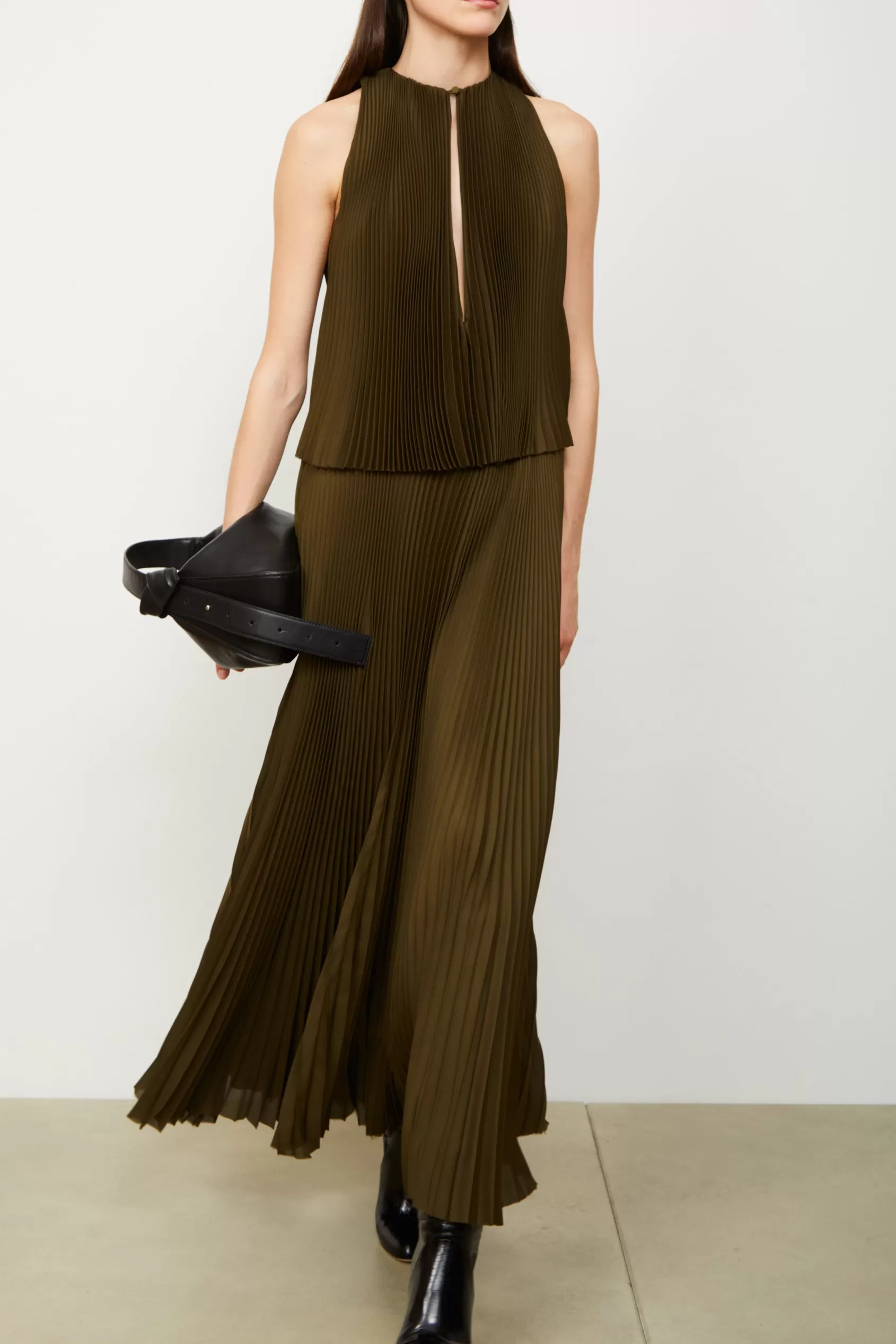 Dresses<Brandon Maxwell The Hallett Pleated Two Tiered Tea Length Dress In Olive Green Dark Olive
