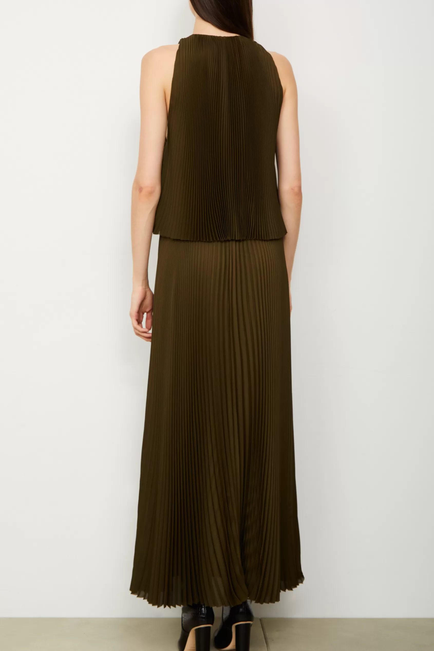 Dresses<Brandon Maxwell The Hallett Pleated Two Tiered Tea Length Dress In Olive Green Dark Olive