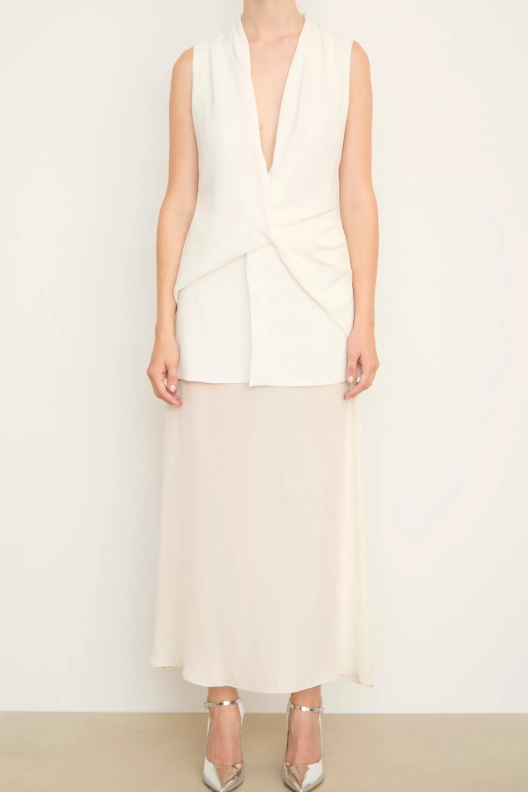 Dresses<Brandon Maxwell The Sutton Sleeveless Draped Dress With Sheer Skirt In Ivory